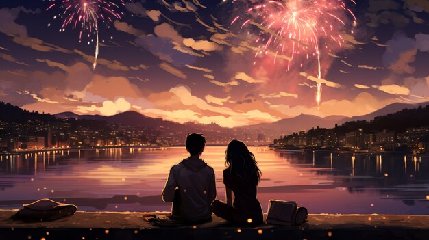 Hermosa pareja de anime en la víspera de Año Nuevo