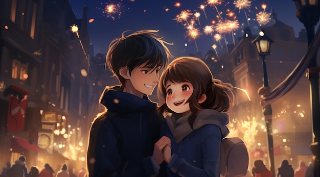 Hermosa pareja de anime en la víspera de Año Nuevo