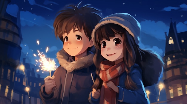 Hermosa pareja de anime en la víspera de Año Nuevo