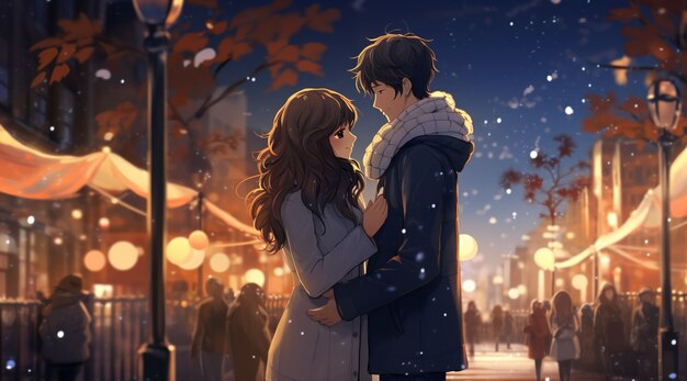 Hermosa pareja de anime en la víspera de Año Nuevo