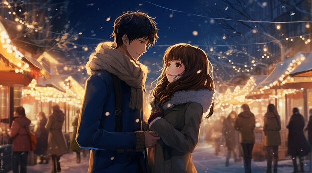 Hermosa pareja de anime en la víspera de Año Nuevo