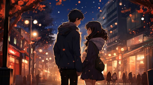 Hermosa pareja de anime en la víspera de Año Nuevo