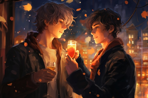 Foto gratuita hermosa pareja de anime en la víspera de año nuevo