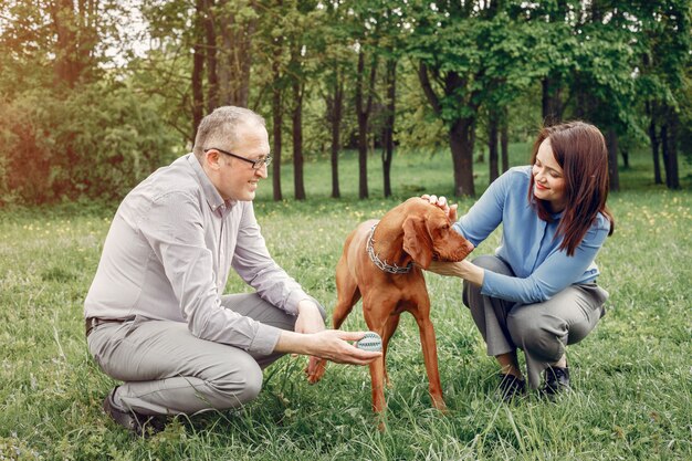 Hermosa pareja en un bosque de verano con perros