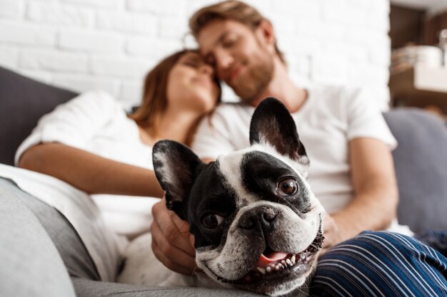 Hermosa pareja descansando en el sofá con perro. Focus pug.