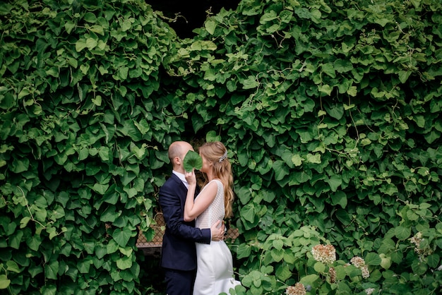 Hermosa pareja de enamorados cerca de la pared cubierta de hiedra verde, cubriendo caras con hojas