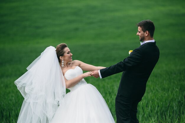 Hermosa pareja de novios está caminando en el campo verde