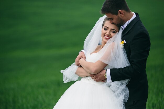 Hermosa pareja de novios está caminando en el campo verde