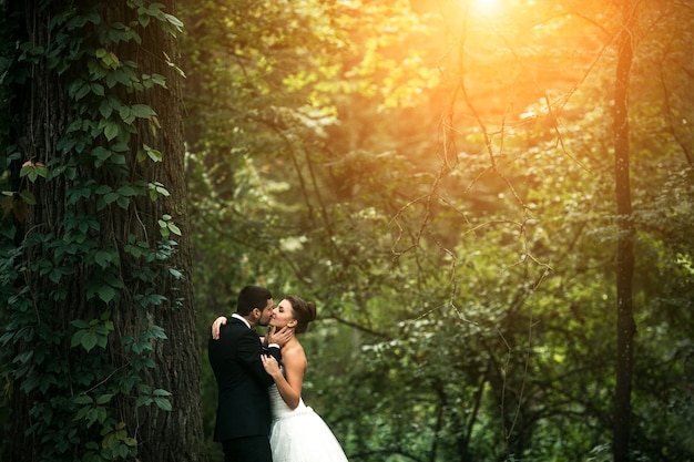 Foto gratuita hermosa pareja de novios posando en el bosque