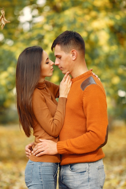 Hermosa pareja pasa tiempo en un campo de otoño