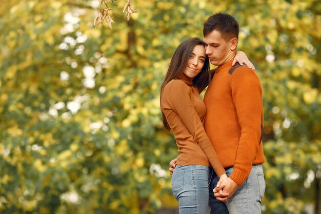 Hermosa pareja pasa tiempo en un campo de otoño