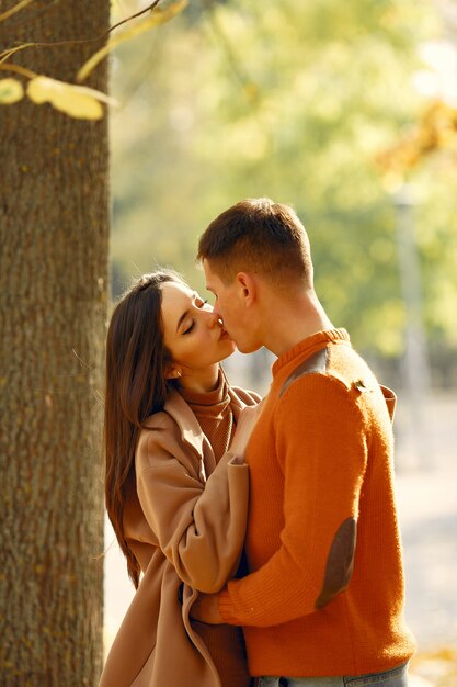 Hermosa pareja pasa tiempo en un campo de otoño