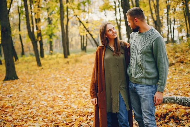 Hermosa pareja pasa tiempo en un parque de otoño