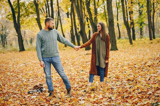 Hermosa pareja pasa tiempo en un parque de otoño