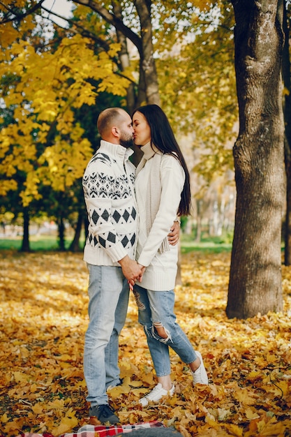 Hermosa pareja pasa tiempo en un parque de otoño