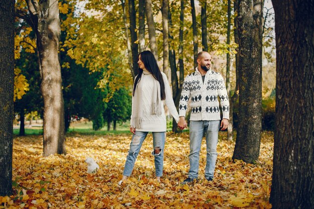 Hermosa pareja pasa tiempo en un parque de otoño