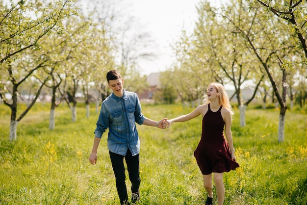 Hermosa pareja pasa tiempo en un parque de verano