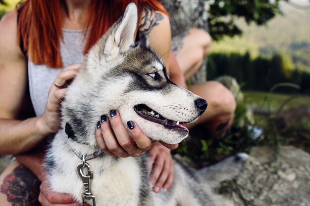 Hermosa pareja y un perro descansan cerca de un árbol