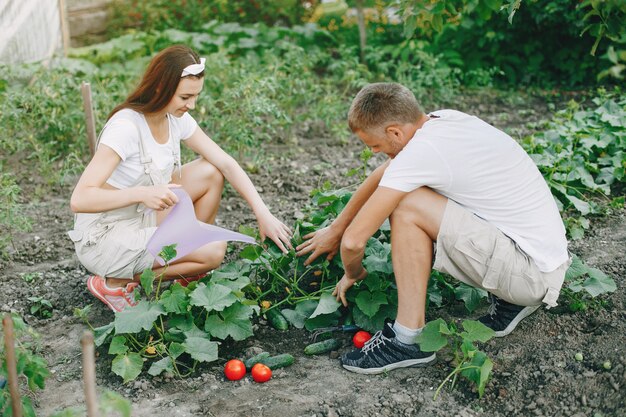 Hermosa pareja trabaja en un jardín