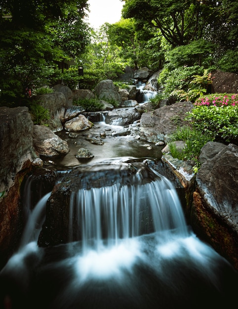 Foto gratuita hermosa pequeña cascada en el río de la montaña