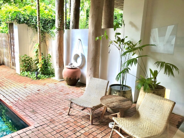 Hermosa piscina de lujo con decoración de estilo tailandés de palmeras