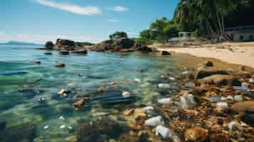 Foto gratuita una hermosa playa ahora está llena de desechos plásticos que llaman la atención sobre la negligencia ambiental