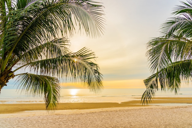 Hermosa playa de mar océano con palmeras al amanecer para vacaciones