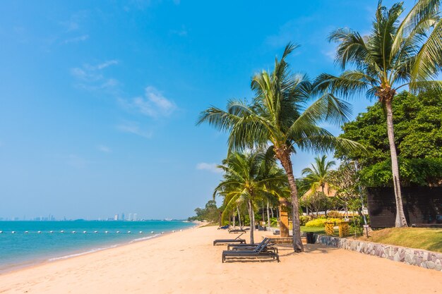 Hermosa playa y mar con palmera.