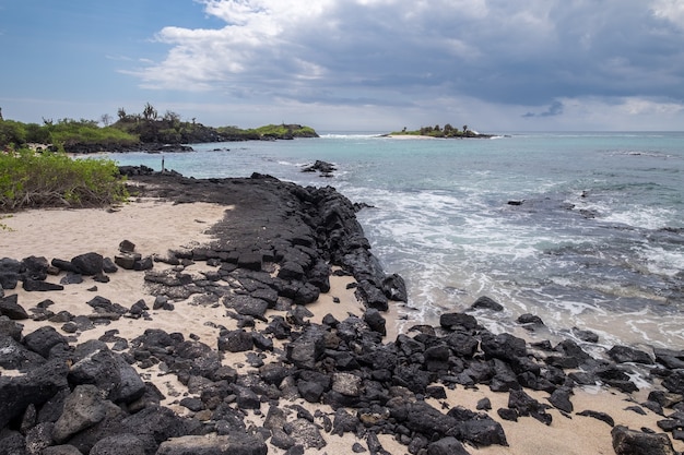 Hermosa playa rocosa junto al océano ondulado en Ecuador