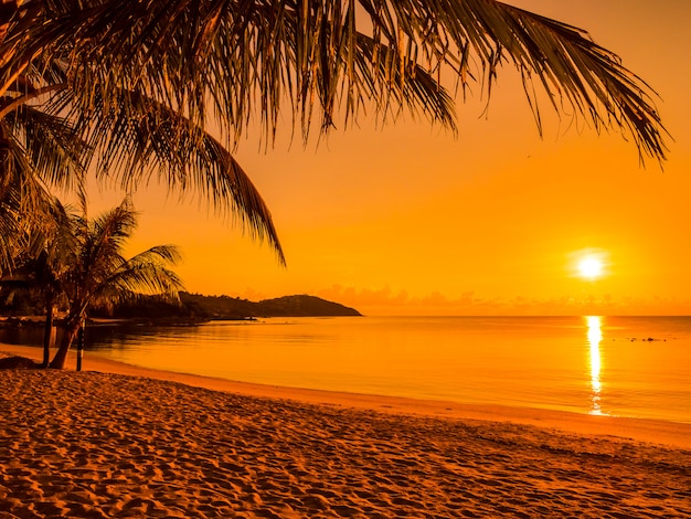 Hermosa playa tropical mar y océano con palmera de coco en el momento de la salida del sol