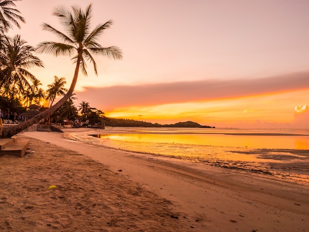 Hermosa playa tropical mar y océano con palmera de coco en el momento de la salida del sol