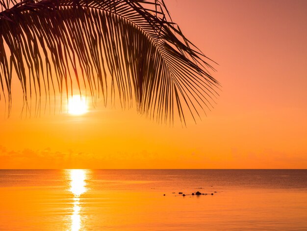 Hermosa playa tropical mar y océano con palmera de coco en el momento de la salida del sol