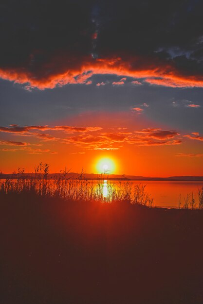 Hermosa puesta de sol en el lago con vegetación en la costa y un cielo nublado increíble