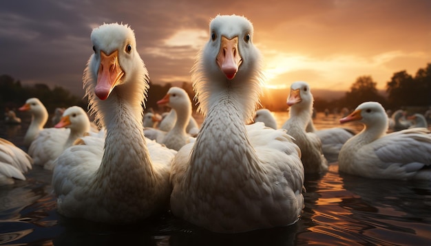 Una hermosa puesta de sol se refleja en el agua mientras los patos vuelan generada por inteligencia artificial