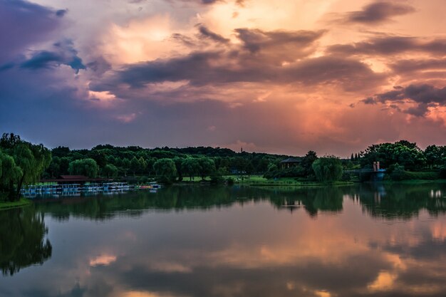 Hermosa puesta de sol sobre el lago del bosque