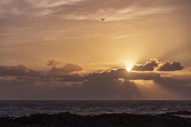 Hermosa puesta de sol sobre el océano en el horizonte con el sol brillando a través de grandes nubes