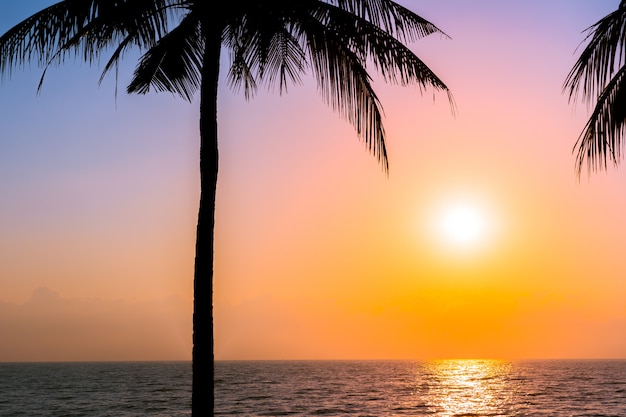 Hermosa silueta de palmera de coco en el cielo de la playa del océano cerca del mar al atardecer o al amanecer