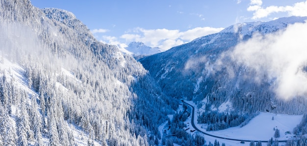 Hermosa toma aérea de los Alpes cubiertos de árboles durante un invierno nevado en Suiza