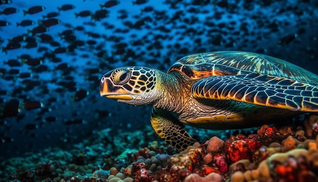 Foto gratuita una hermosa tortuga marina nadando en el colorido arrecife submarino generado por la inteligencia artificial