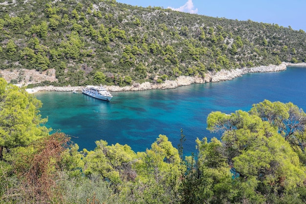 Hermosa vista de ángulo alto de la costa verde del mar en la isla de Skiathos en Grecia