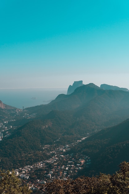 Hermosa vista del bosque tropical en río de janeiro, brasil con un cielo azul claro