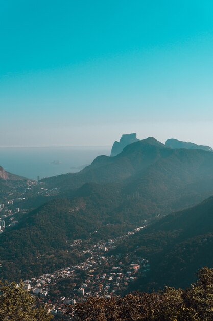 Hermosa vista del bosque tropical en río de janeiro, brasil con un cielo azul claro