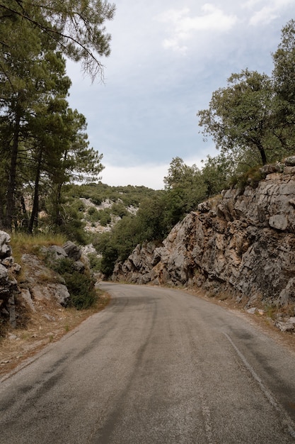 Hermosa vista de la carretera y las colinas rocosas, árboles en un día sombrío en la Sierra de Cazorla, Jaén, España