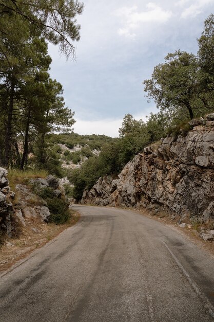 Hermosa vista de la carretera y las colinas rocosas, árboles en un día sombrío en la Sierra de Cazorla, Jaén, España