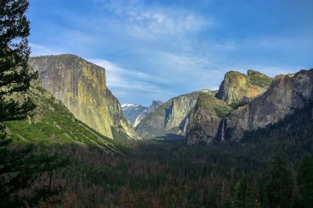 Hermosa vista de una cascada que fluye de una roca y se vierte en el magnífico paisaje verde