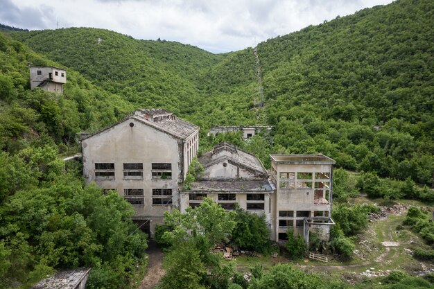 Hermosa vista de un edificio abandonado rodeado de plantas verdes