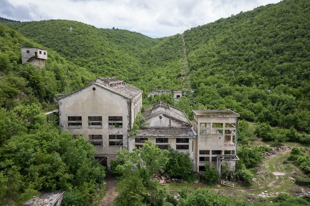 Hermosa vista de un edificio abandonado rodeado de plantas verdes