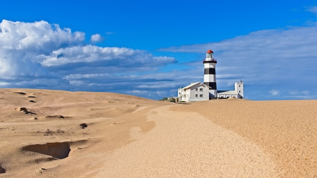 Hermosa vista de un faro en la playa bajo el cielo azul capturado en Sudáfrica