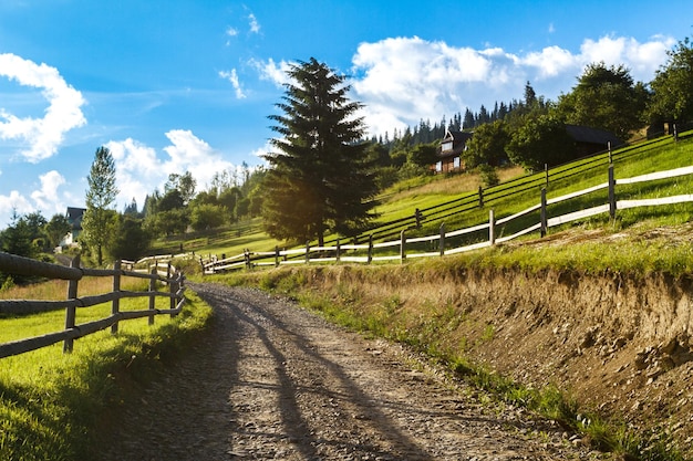 Hermosa vista del fondo de las montañas de la carretera del campo