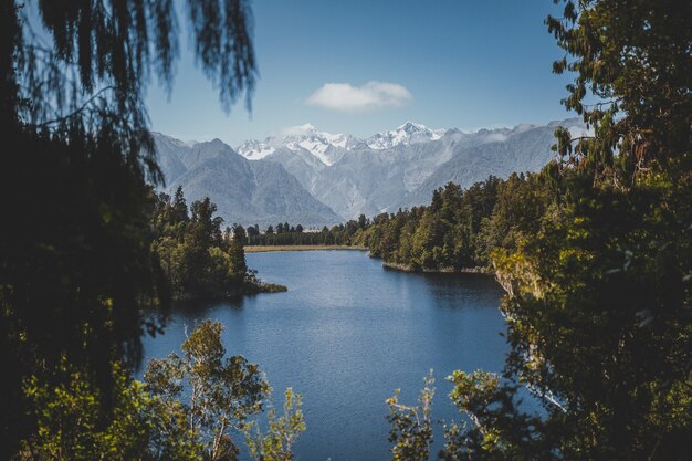 Hermosa vista del lago matheson en nueva zelanda con un cielo azul claro de fondo